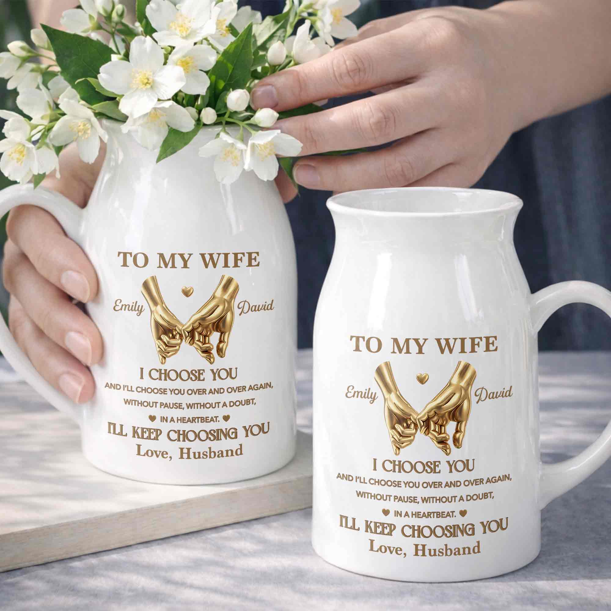 To My Wife I Choose You Pinky Promise Hands - Personalized Ceramic Flower Vase