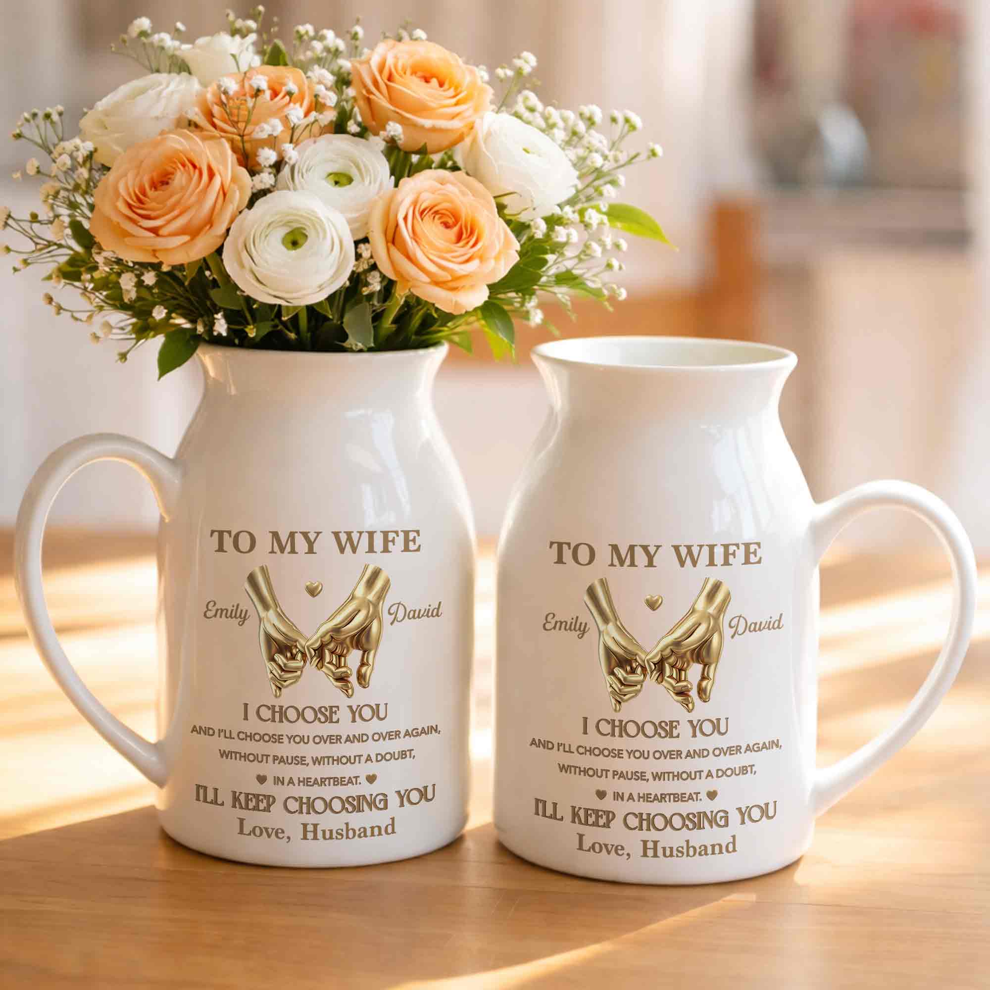 To My Wife I Choose You Pinky Promise Hands - Personalized Ceramic Flower Vase
