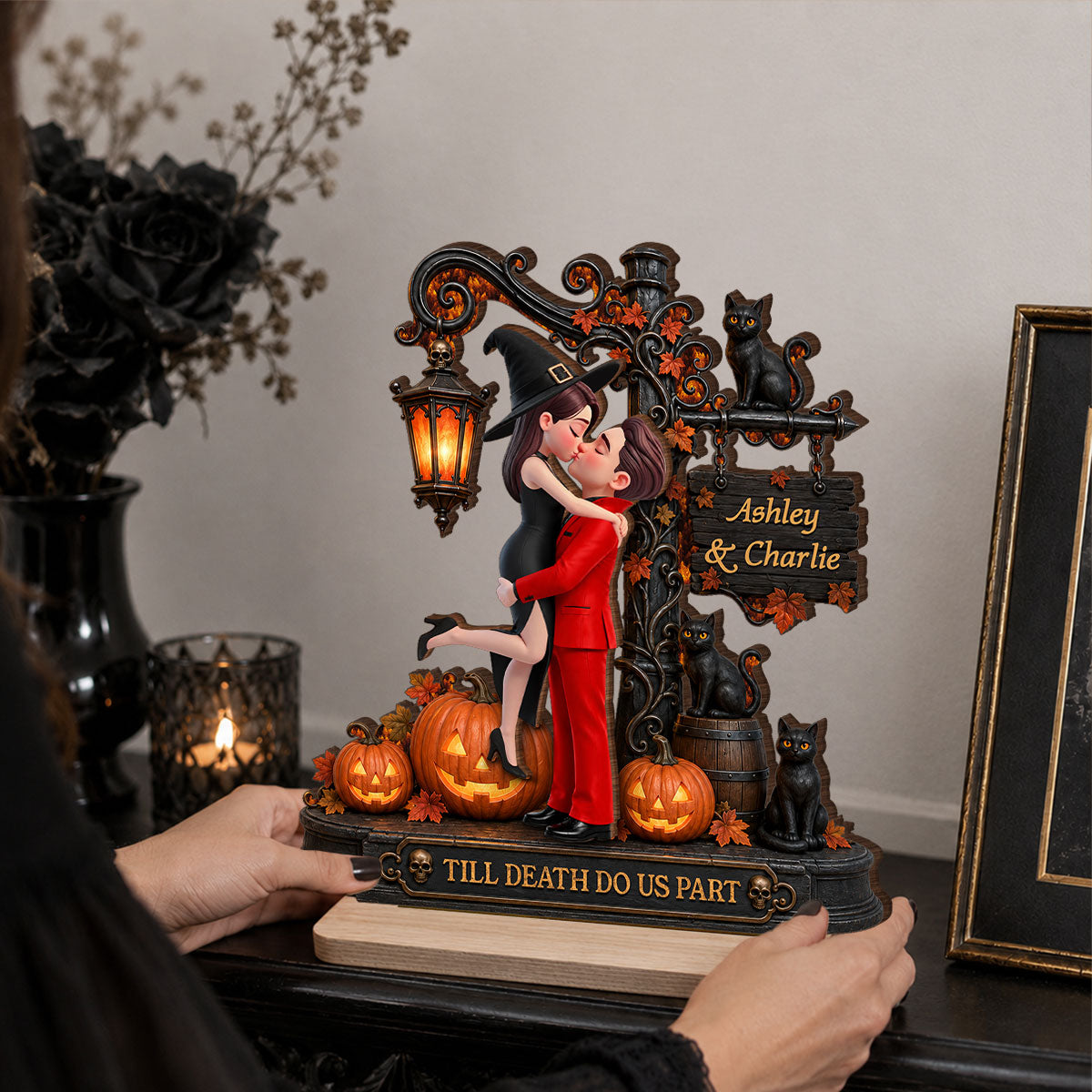 Till Death Do Us Part Kissing Couple - Personalized 2-Layered Wooden Plaque - Halloween Fall Decor for Her