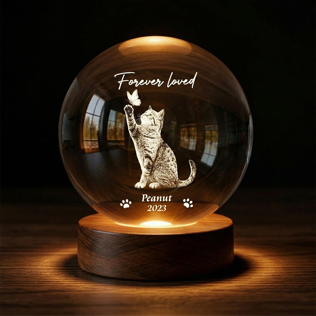 Forever In My Heart Memorial Cat Butterfly - Personalized Crystal Ball LED Night Light