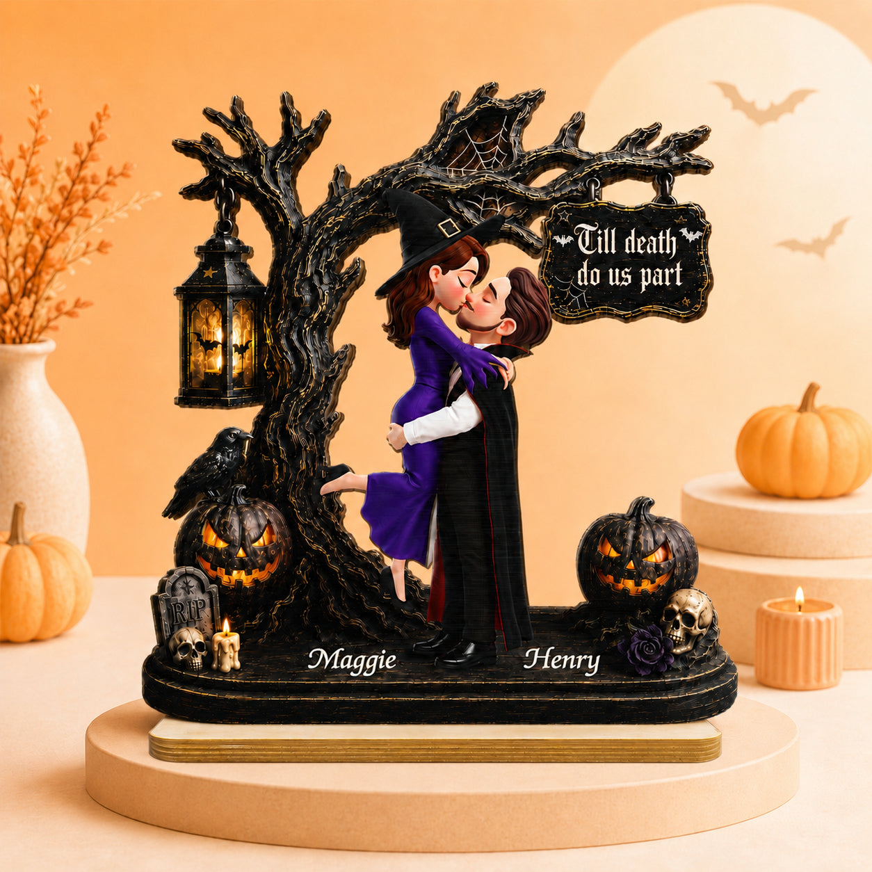 Couple Hugging Under Spooky Halloween Tree 2D Flat - Personalized 2-Layer Wooden Plaque - Tabletop Tier Tray Wicca Pagan Decor