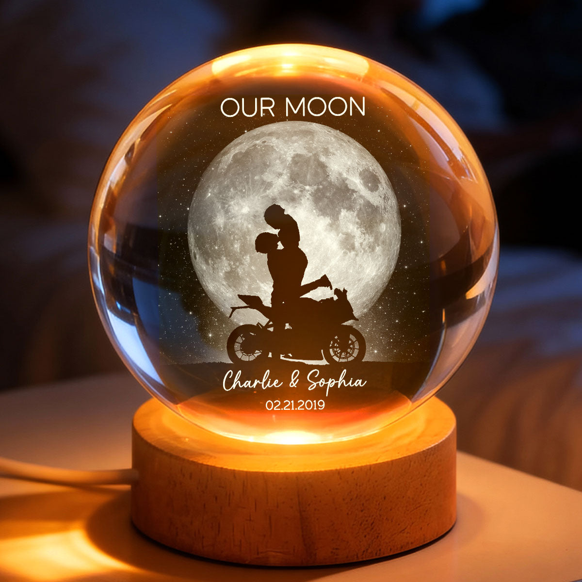 Biker Couple Kissing in the Moonlight, Custom Moon Phase by Date - Personalized Crystal Ball LED Night Light