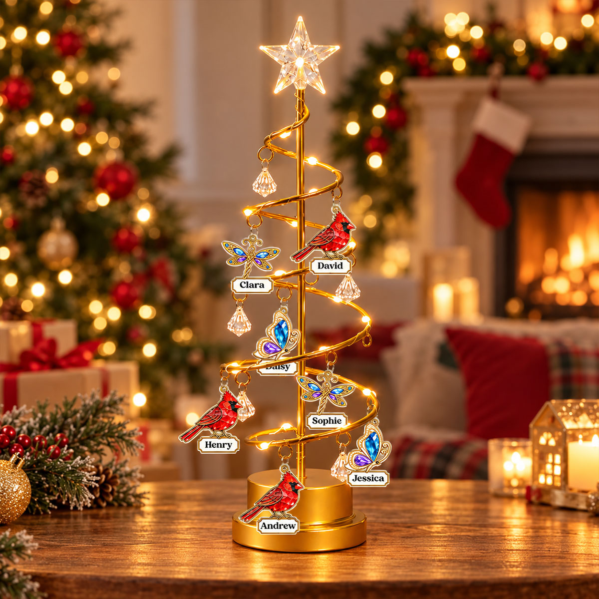 In Our Memory LED tree lights by the fireplace