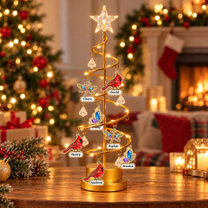 In Our Memory LED tree lights by the fireplace