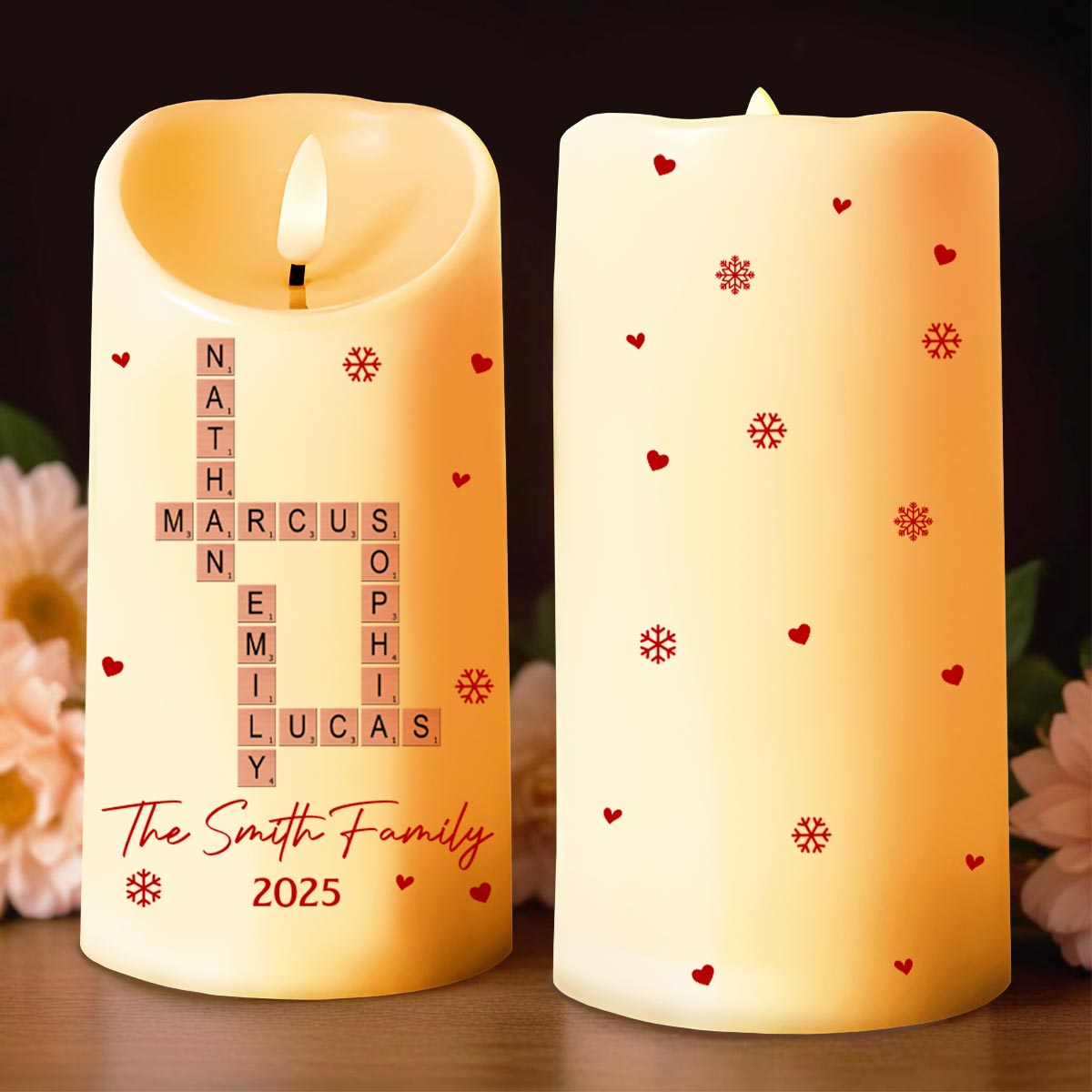 Celebrate Your Family's Special Moments With Hearts And Snowflakes - Personalized Custom LED Candle - XMAS156_LECA
