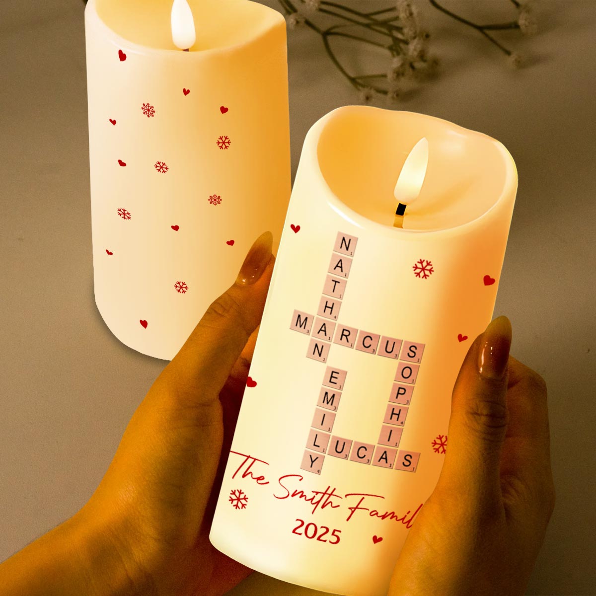 Celebrate Your Family's Special Moments With Hearts And Snowflakes - Personalized Custom LED Candle - XMAS156_LECA