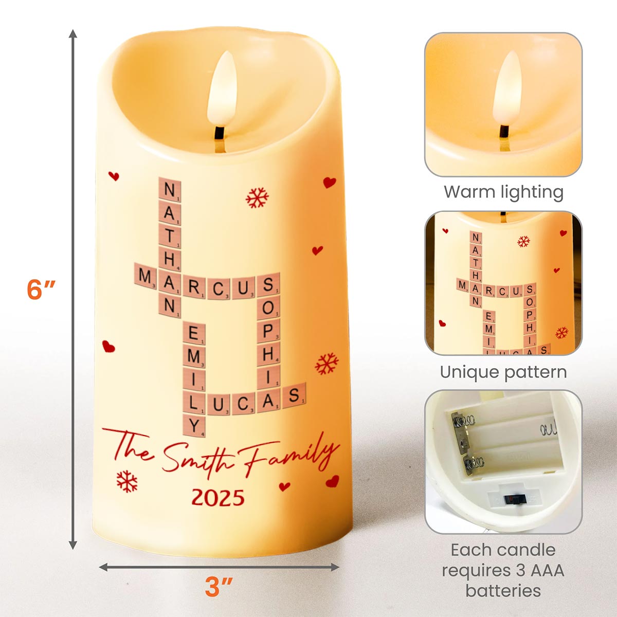 Celebrate Your Family's Special Moments With Hearts And Snowflakes - Personalized Custom LED Candle - XMAS156_LECA