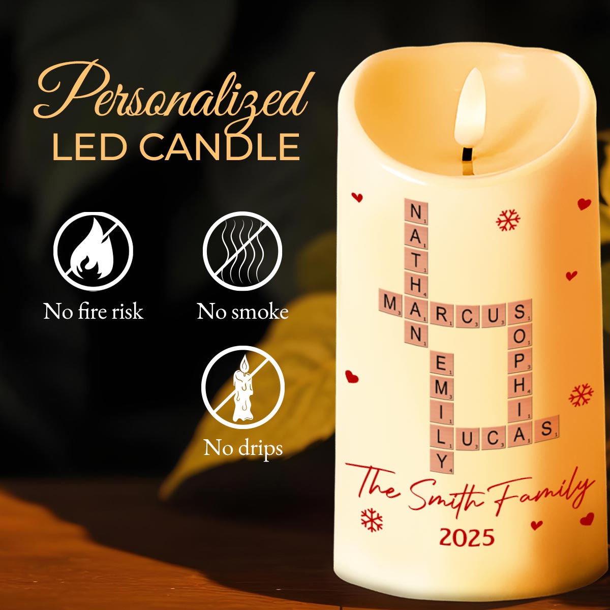Celebrate Your Family's Special Moments With Hearts And Snowflakes - Personalized Custom LED Candle - XMAS156_LECA