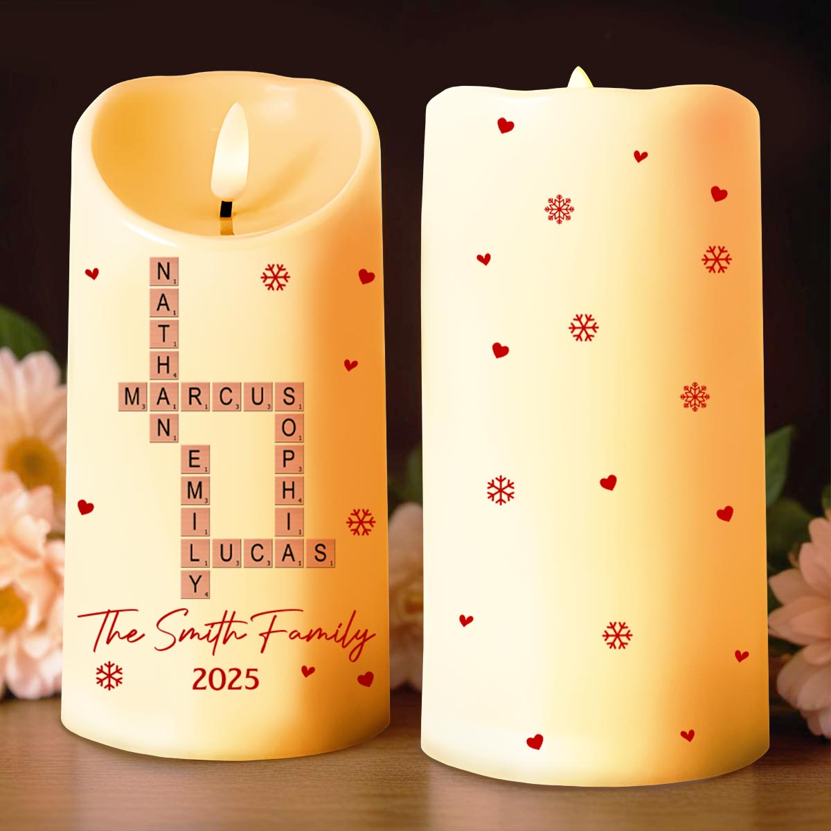 Celebrate Your Family's Special Moments With Hearts And Snowflakes - Personalized Custom LED Candle - XMAS156_LECA