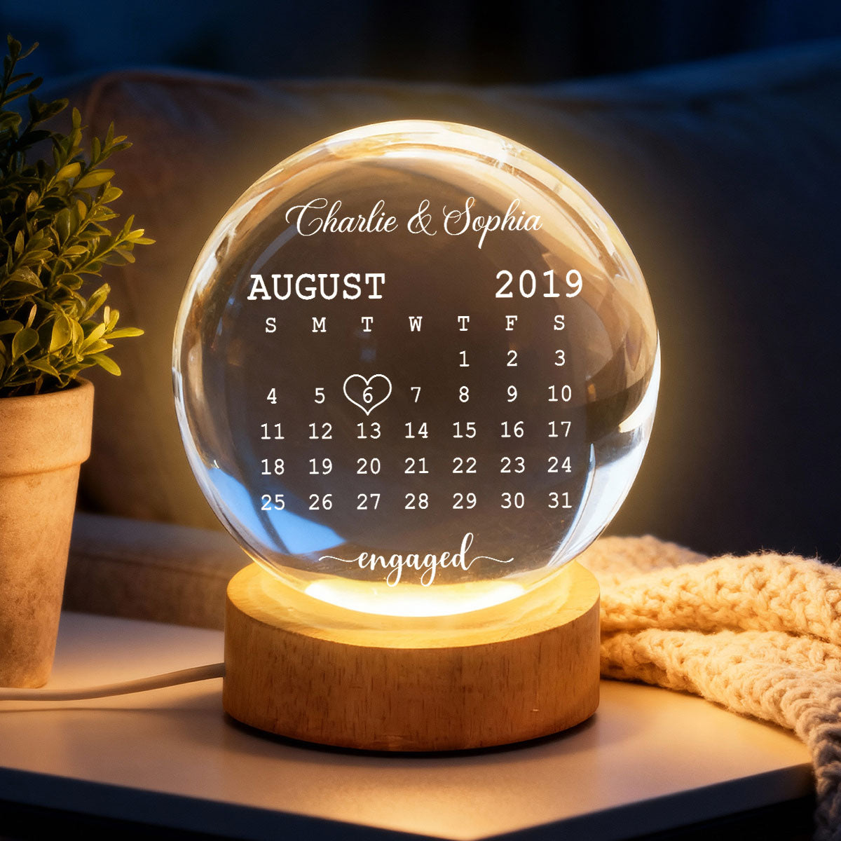 Calendar Engagement Couple - Personalized Crystal Ball LED Night Light