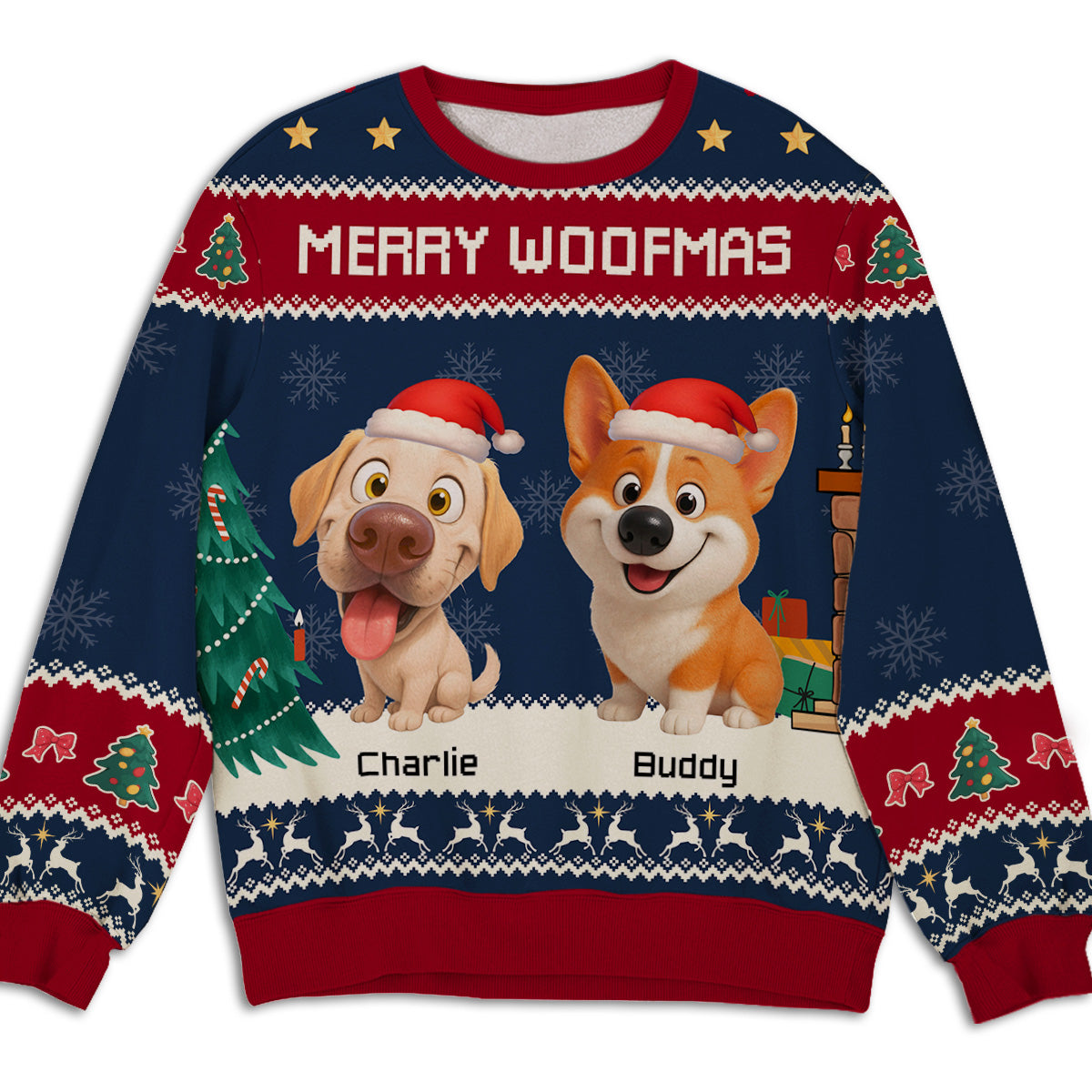 Merry Woofmas Caricature Dog Cartoon - Personalized All-Over-Print Sweatshirt