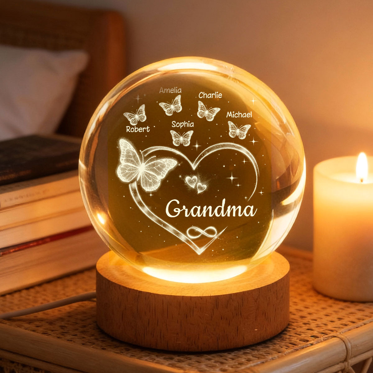 Grandma Butterfly Hearts with Grandkids' Names - Personalized Crystal Ball LED Night Light