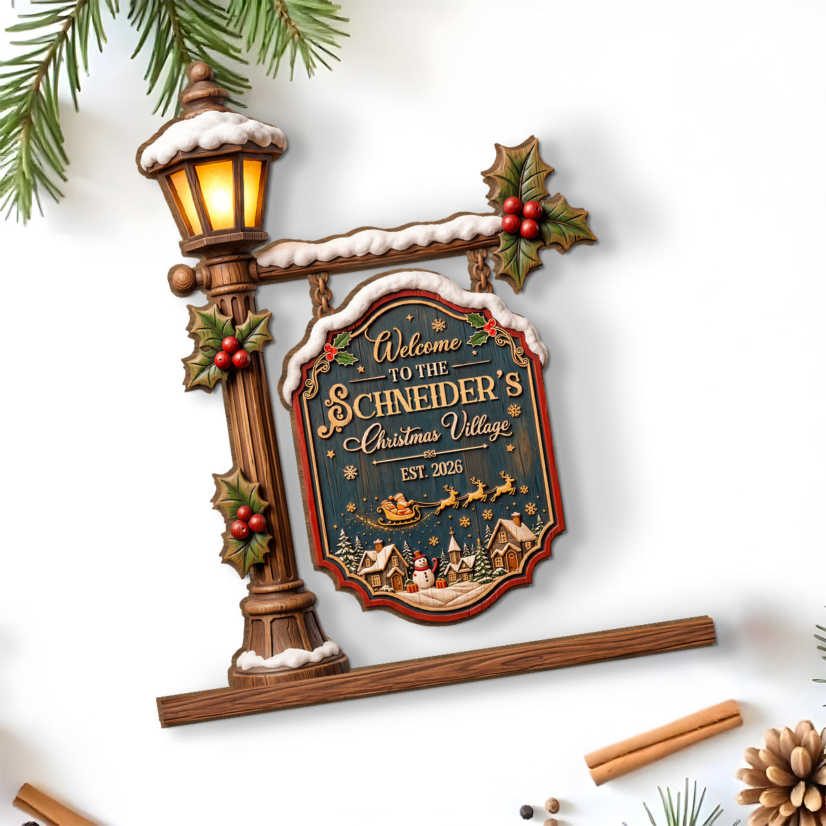 Christmas village street lamp wood plaque with family name