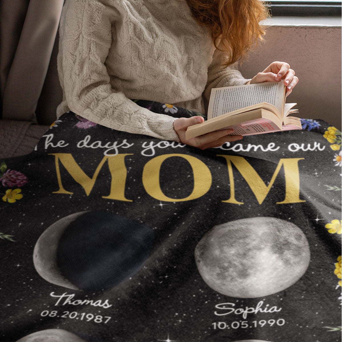 The Day You Became Mom Grandma Custom Birth Moon Phase Floral - Personalized Fleece Blanket
