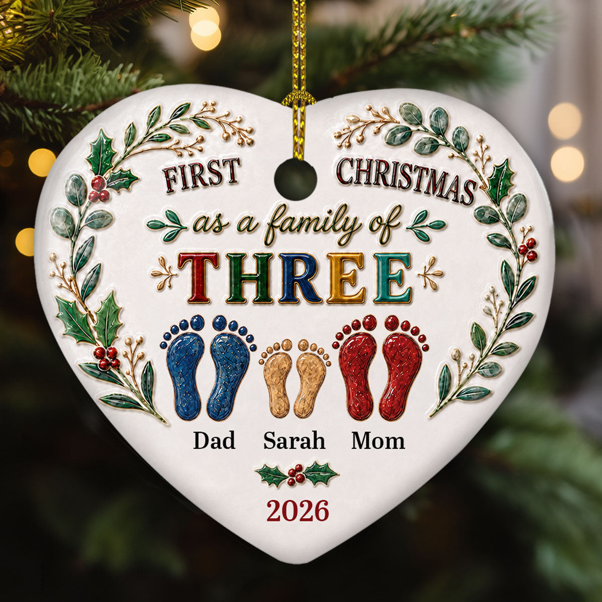 Our First Christmas 2026 personalized heart ceramic ornament