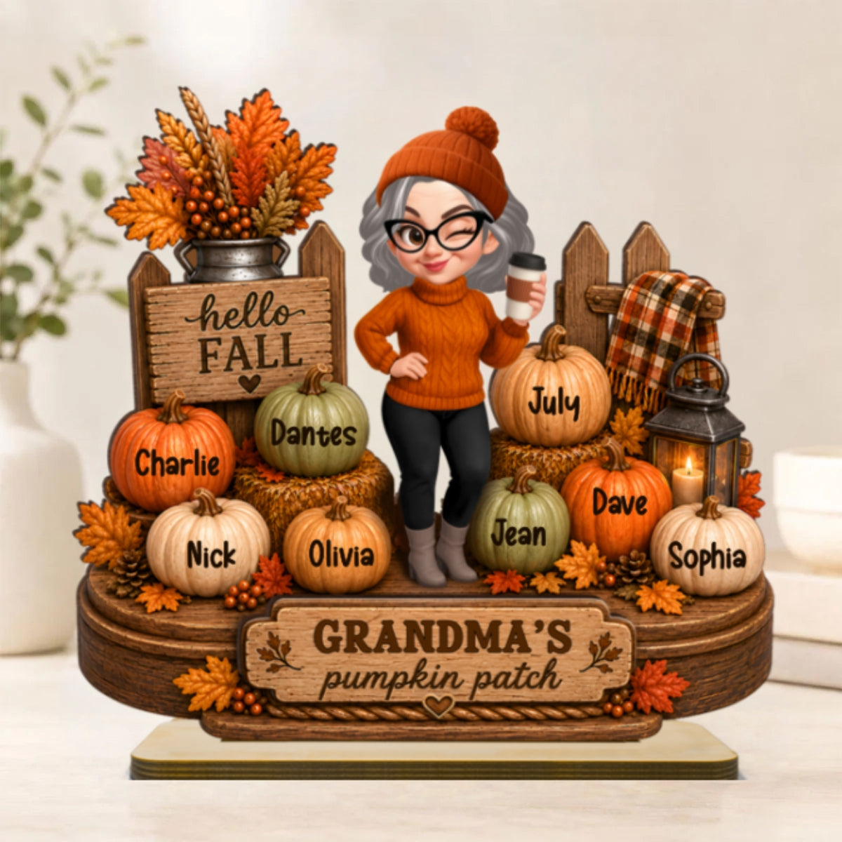 Hello Fall Grandma's Pumpkin Patch - Personalized 2-Layered Wooden Plaque - Cozy Fall Decor for Grandma