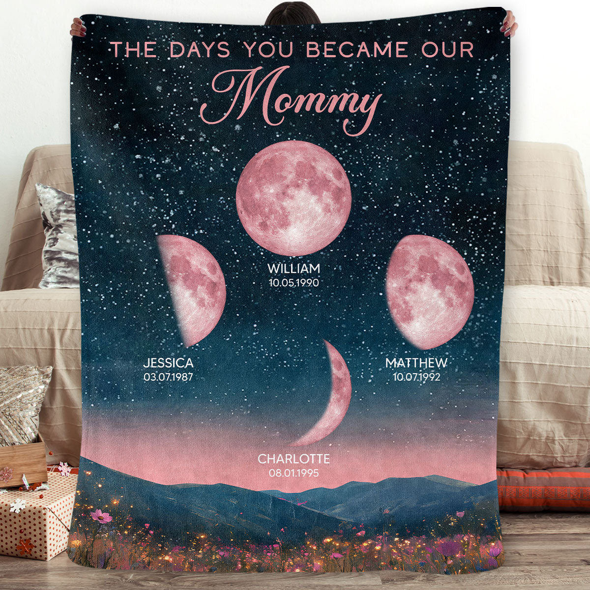 Pink Moon Phase Custom Birth Moon Beautiful Hill At Night - Personalized Fleece Blanket