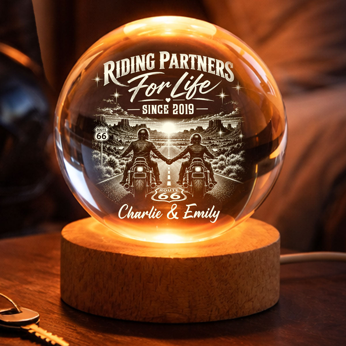 Biker Couple Riding Partners For Life - Personalized Crystal Ball LED Night Light