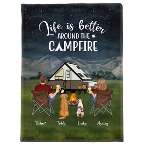 Family Couple Kid Dog Cat Camping Personalized Fleece Blanket