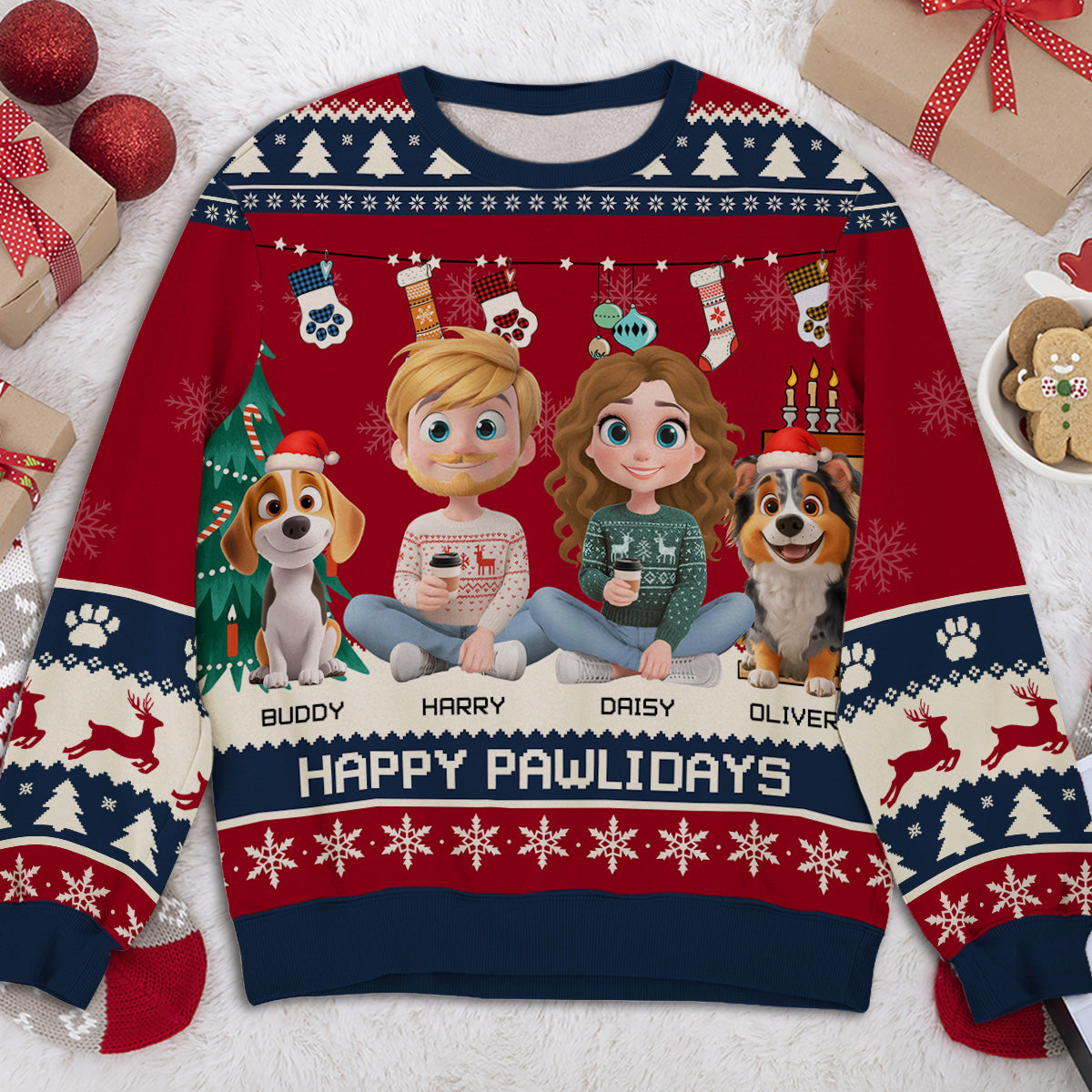 Snowy Pawlidays Couple Cartoon - Personalized All-Over-Print Sweatshirt