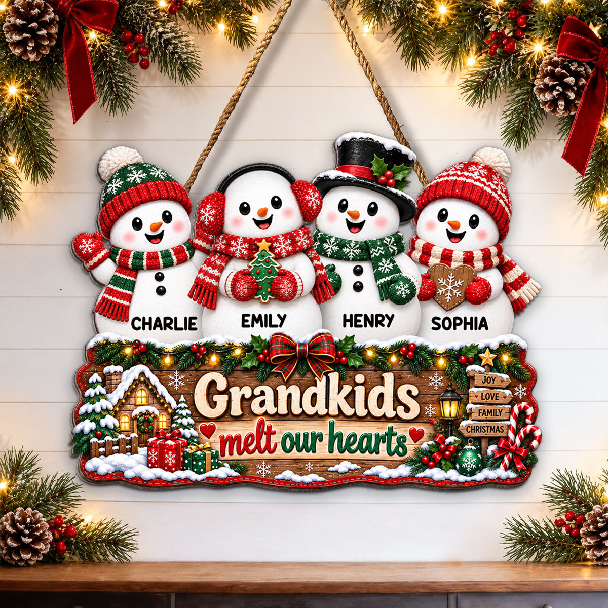 Christmas Snowman Grandkids Melts Our Hearts personalized wood sign