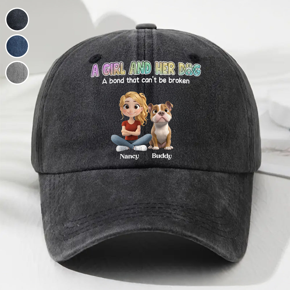 A Girl And Her Dog Personalized Vintage Washed Denim Cap
