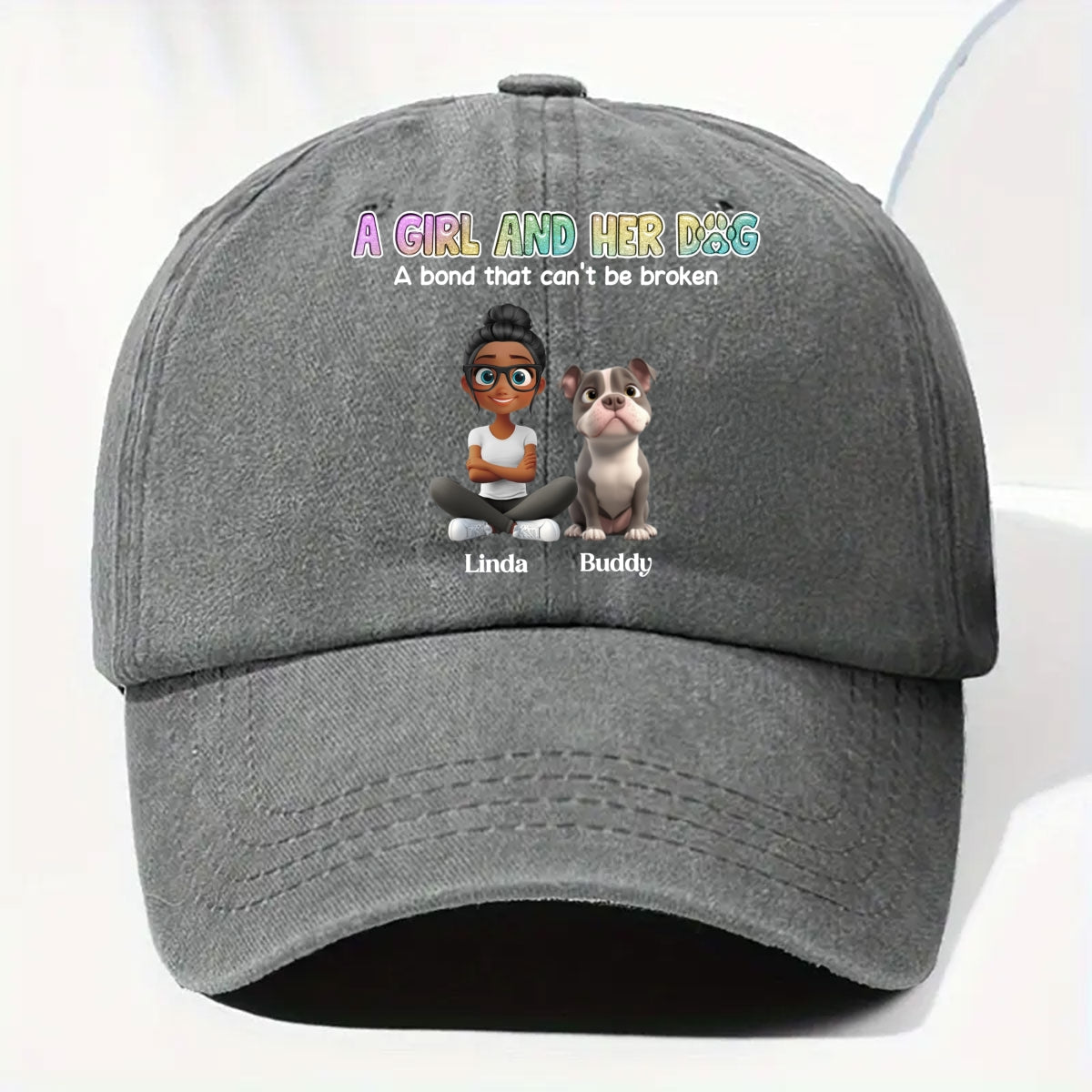 A Girl And Her Dog Personalized Vintage Washed Denim Cap - Grey