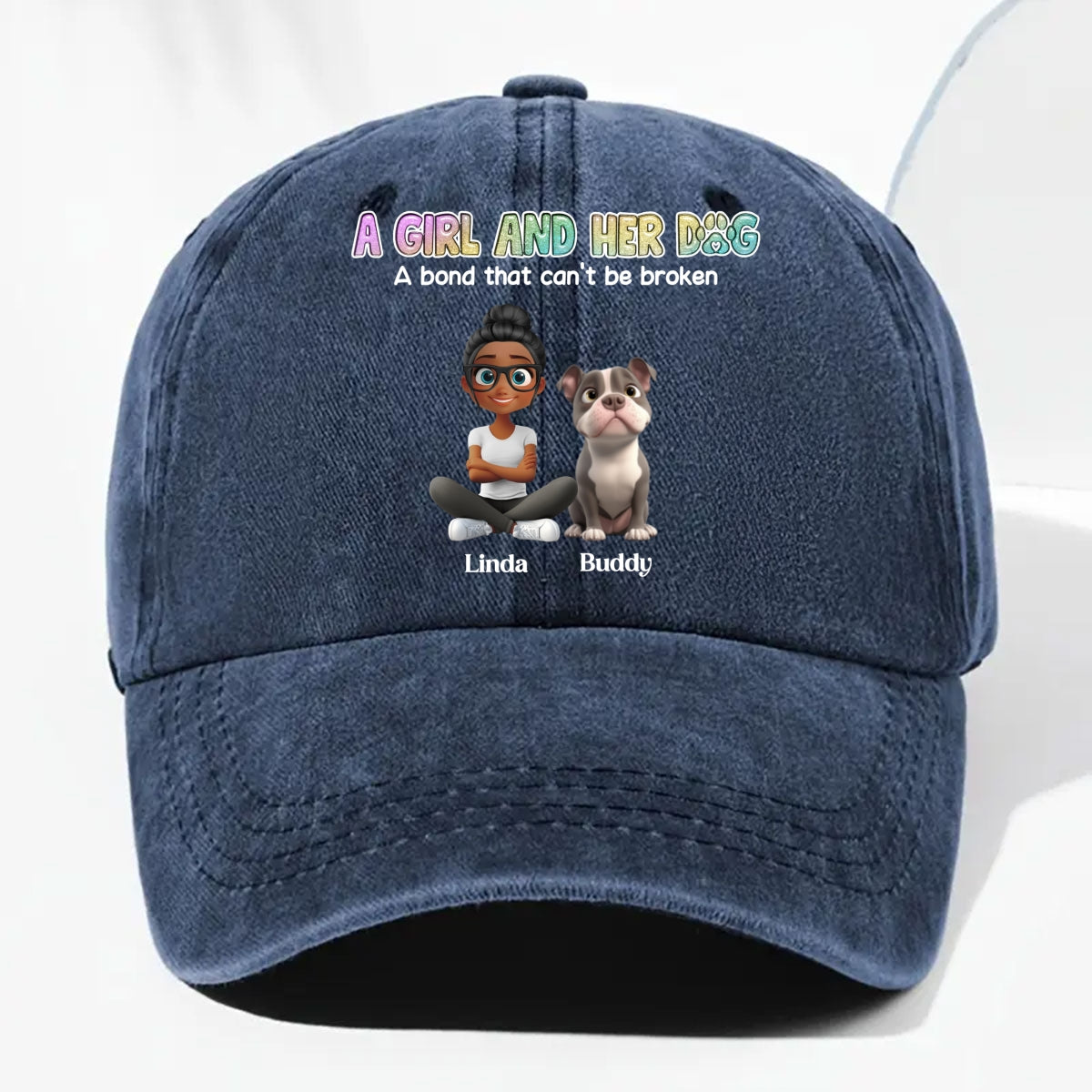 A Girl And Her Dog Personalized Vintage Washed Denim Cap - Royal Blue