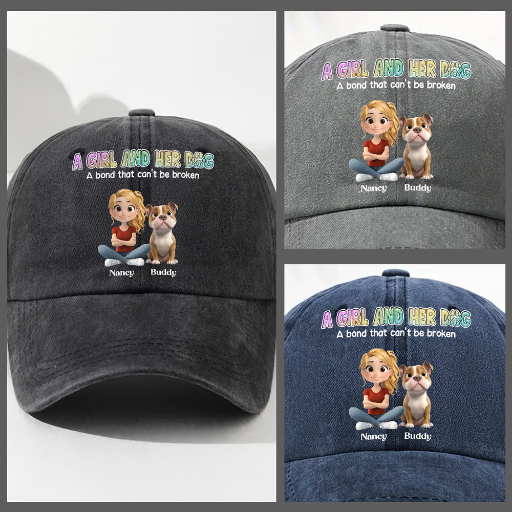 A Girl And Her Dog Personalized Vintage Washed Denim Cap