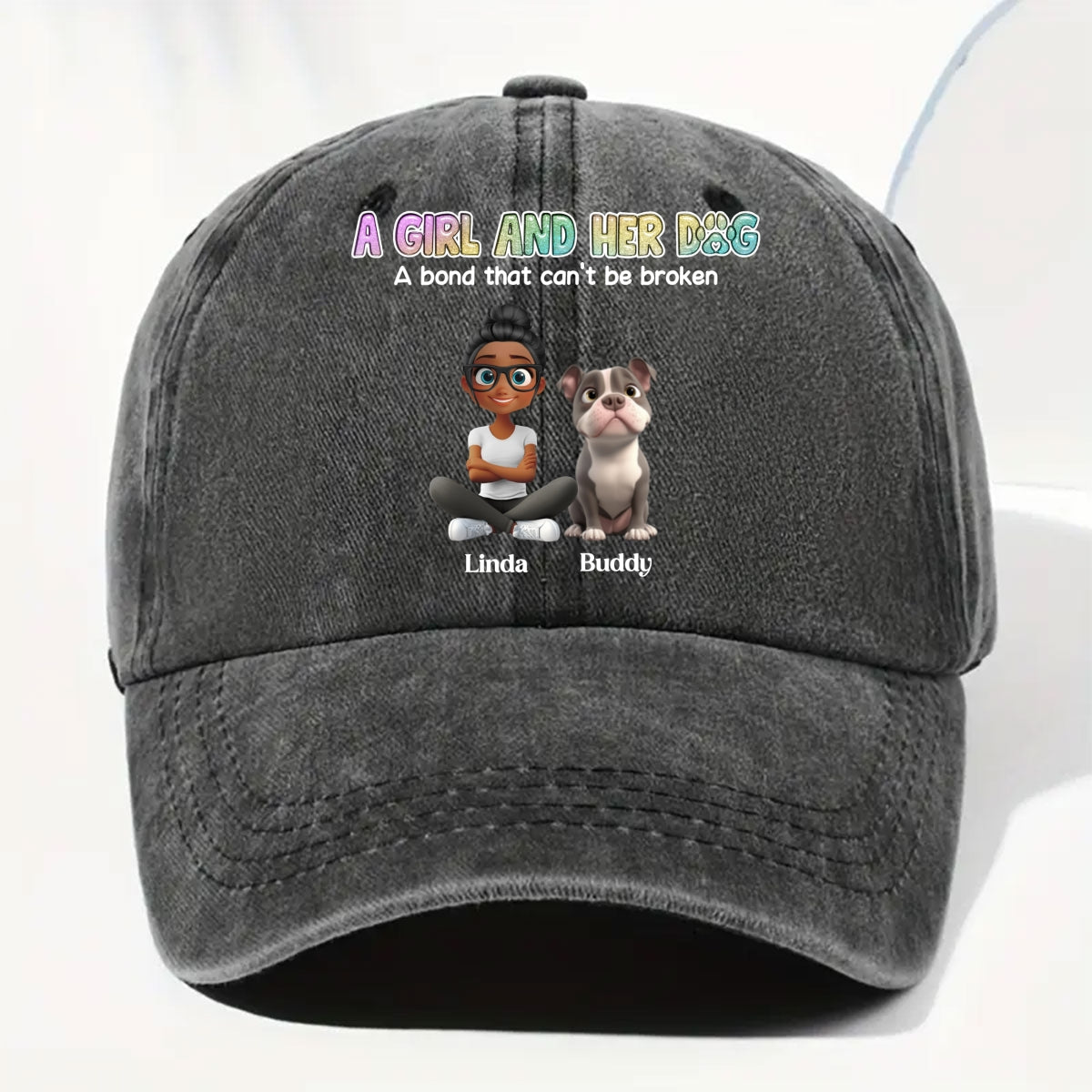 A Girl And Her Dog Personalized Vintage Washed Denim Cap - Black