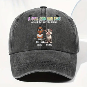 A Girl And Her Dog Personalized Vintage Washed Denim Cap - Black