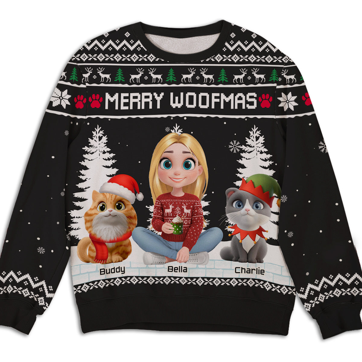 Meowy Catmas To My Mom Dad Cartoon - Personalized All-Over-Print Sweatshirt