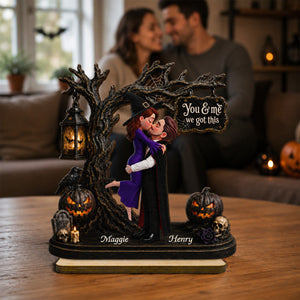Couple Hugging Under Spooky Halloween Tree 2D Flat - Personalized 2-Layer Wooden Plaque - Tabletop Tier Tray Wicca Pagan Decor