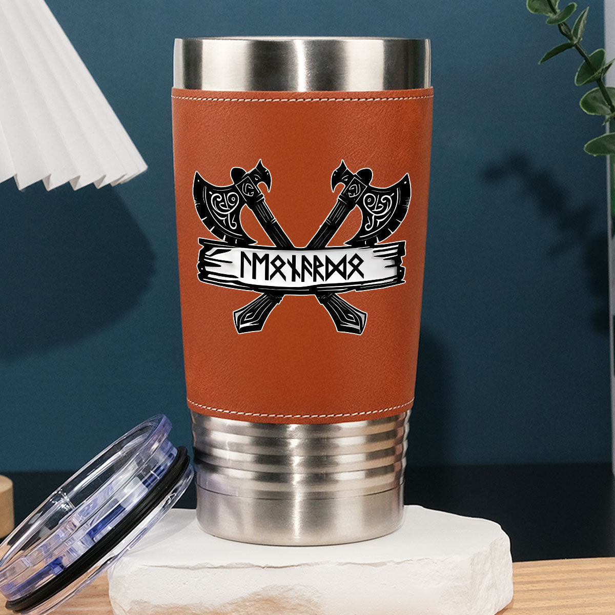 Rune Marked Viking - Personalized Leather Tumbler - Christmas Gift For Dad