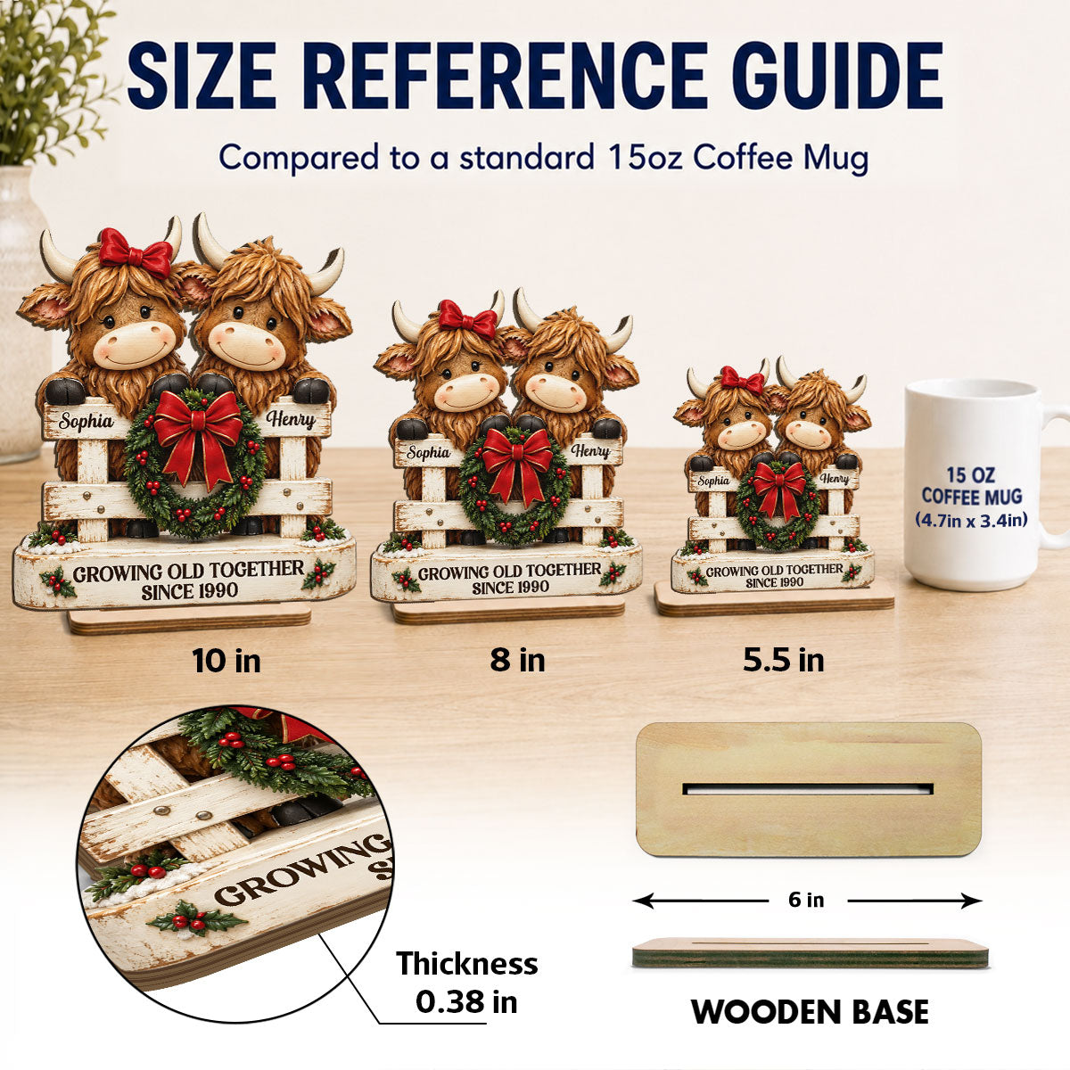 Happy Highland Cows Couple Christmas Fence personalized wooden plaque