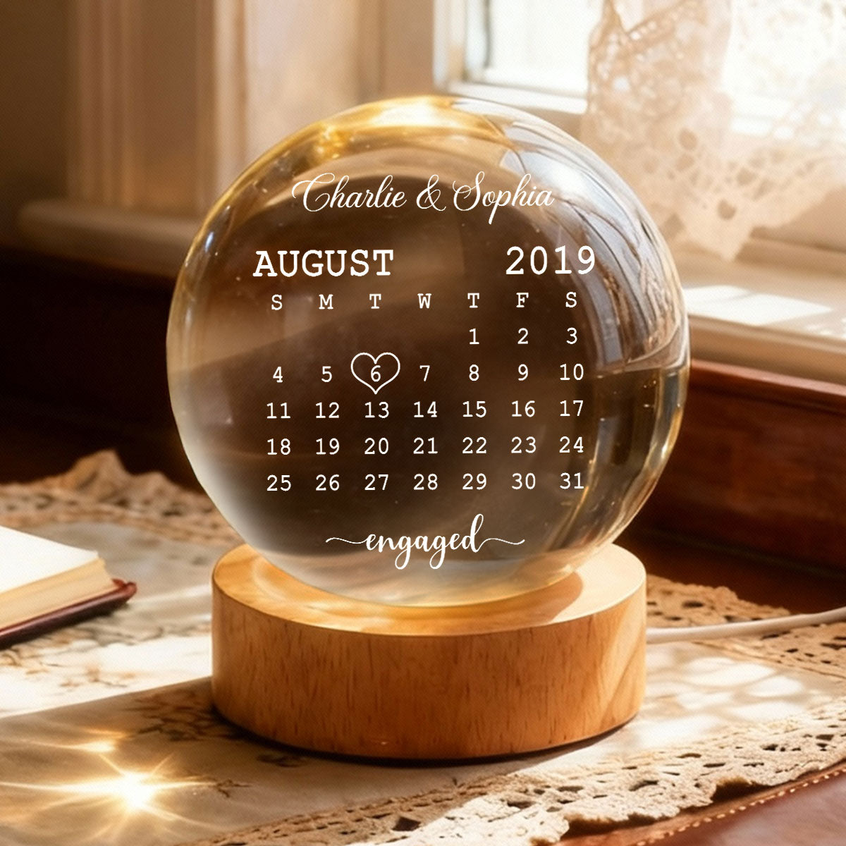 Calendar Engagement Couple - Personalized Crystal Ball LED Night Light