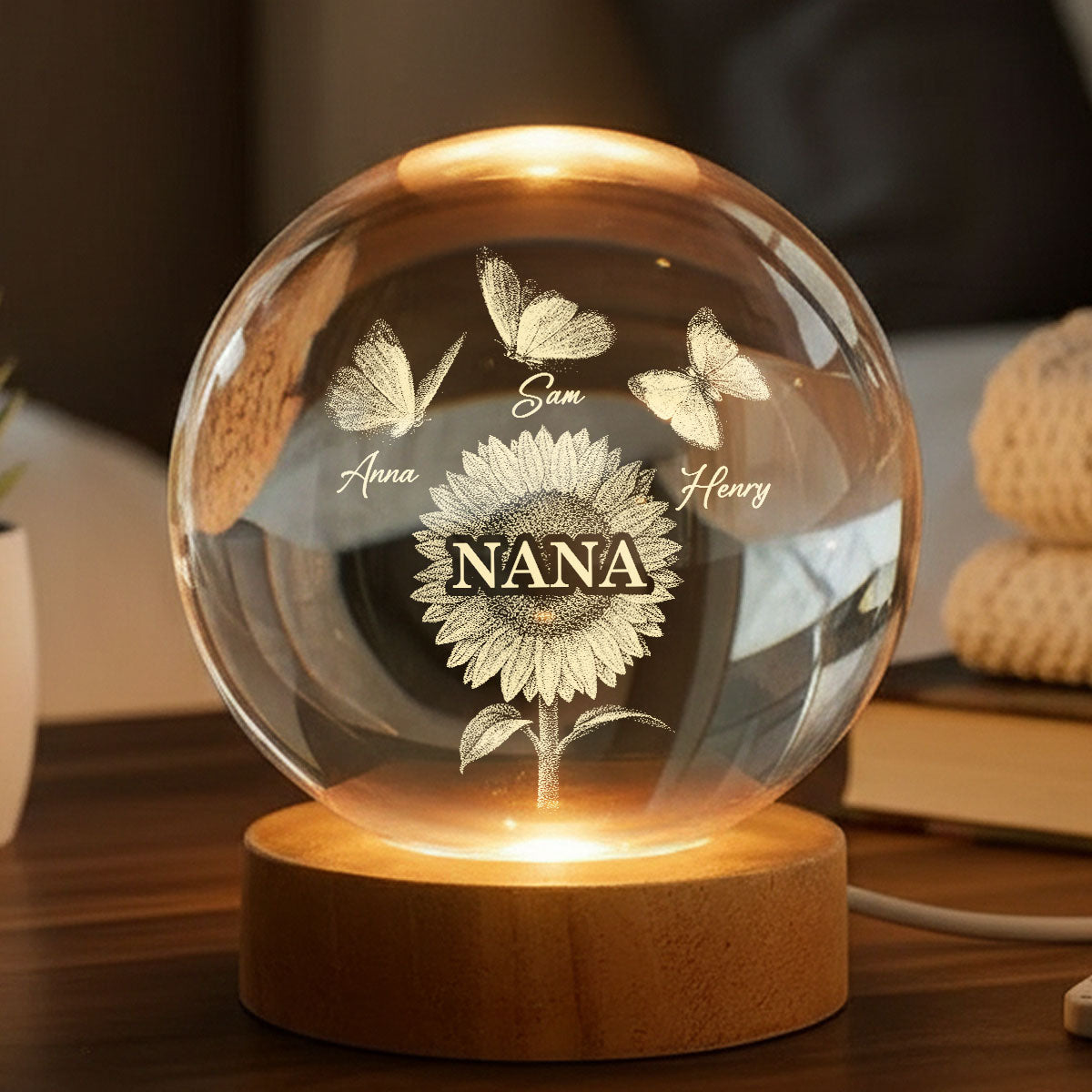 Sunflower Grandma Grandkids - Personalized Crystal Ball LED Night Light