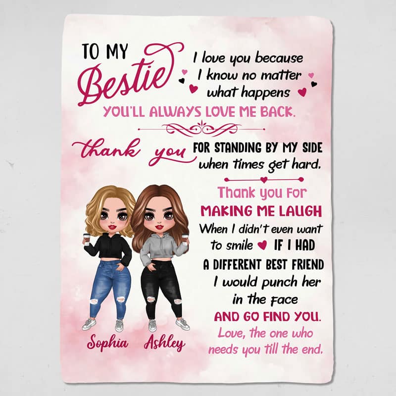 Pink Color To My Bestie Doll Girls Sitting Personalized Fleece Blanket