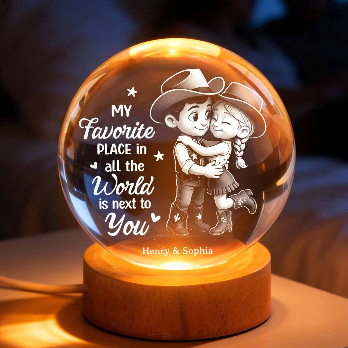 Countryside Couple Cowboy Cowgirl - Personalized Crystal Ball LED Night Light