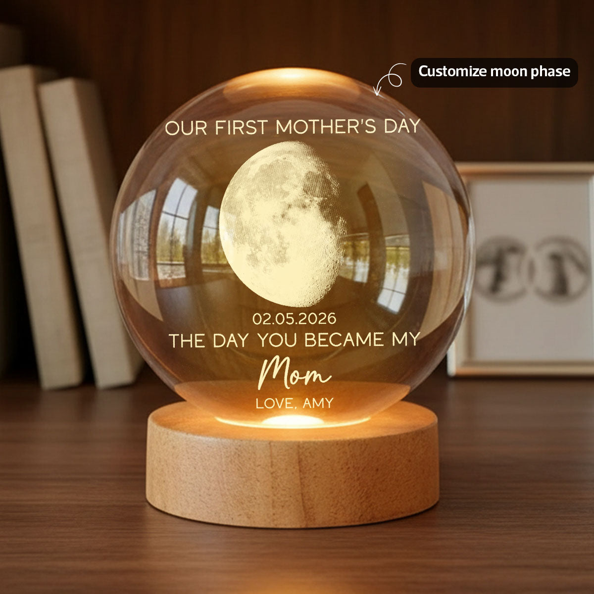The Day You Became My Mom Custom Moon Phase First Mother's Day - Personalized Crystal Ball LED Night Light