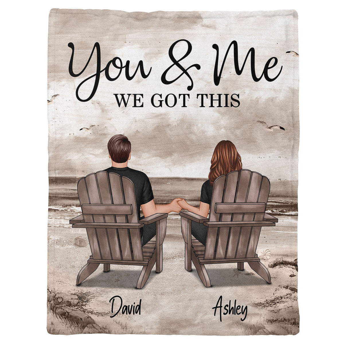 Retro Vintage Back View Couple Sitting Beach Landscape - Personalized Fleece Blanket