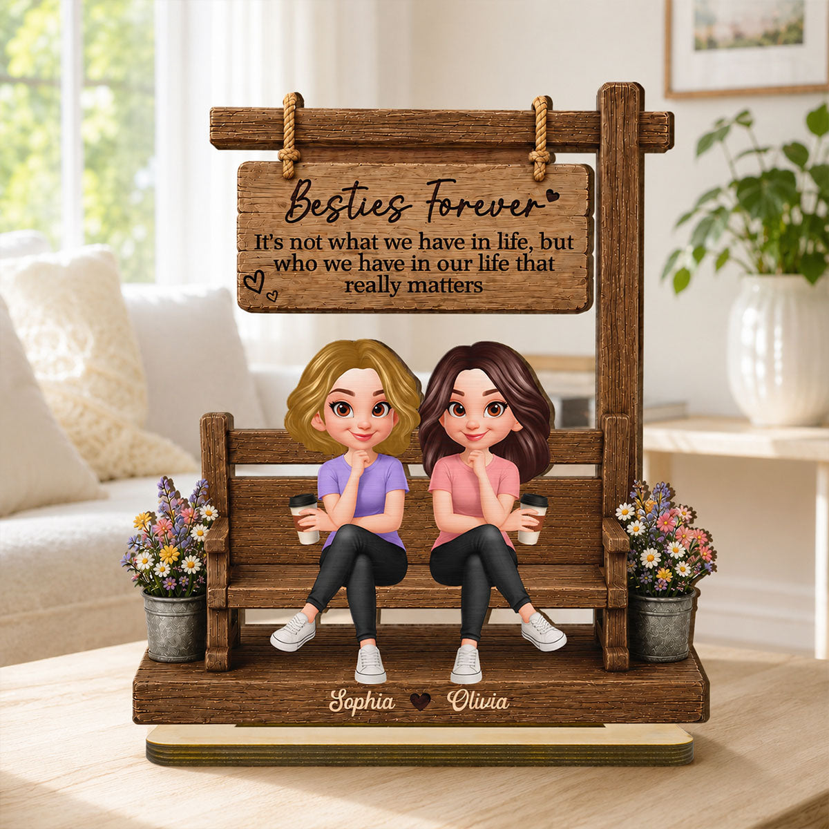 Besties Sitting Under Sign Post Personalized Wooden Plaque