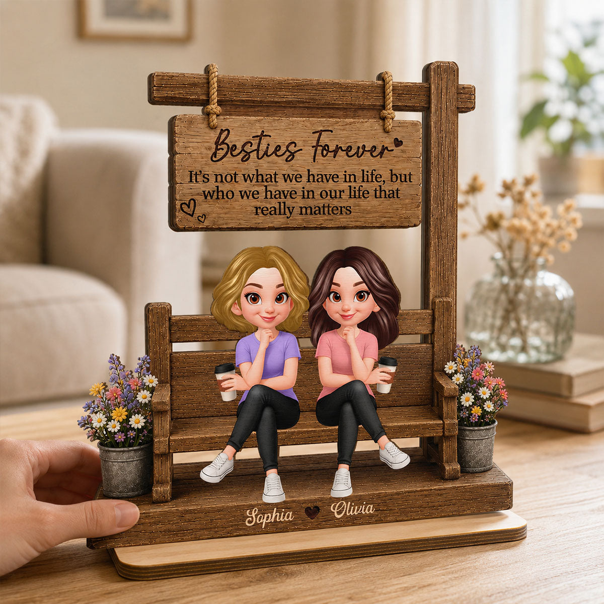 Besties Sitting Under Sign Post 2D Flat - Personalized Wooden Plaque - Gift For Best Friend