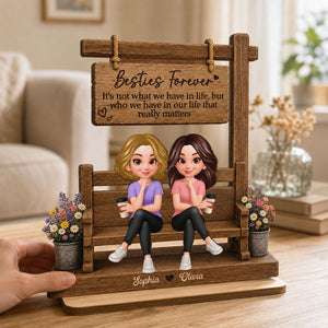 Besties Sitting Under Sign Post 2D Flat - Personalized Wooden Plaque - Gift For Best Friend