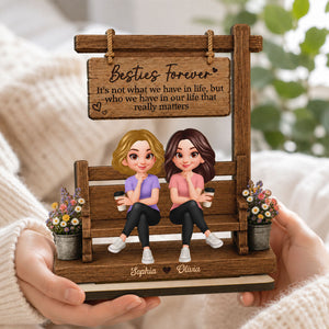 Besties Sitting Under Sign Post 2D Flat - Personalized Wooden Plaque - Gift For Best Friend