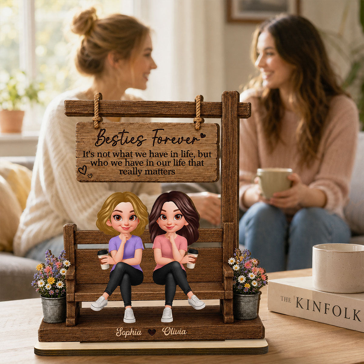 Besties Sitting Under Sign Post 2D Flat - Personalized Wooden Plaque - Gift For Best Friend