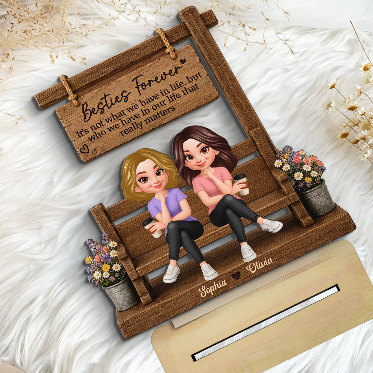 Besties Sitting Under Sign Post 2D Flat - Personalized Wooden Plaque - Gift For Best Friend