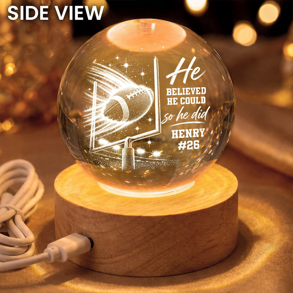Proud American Football Player Name And Number - Personalized Crystal Ball LED Night Light