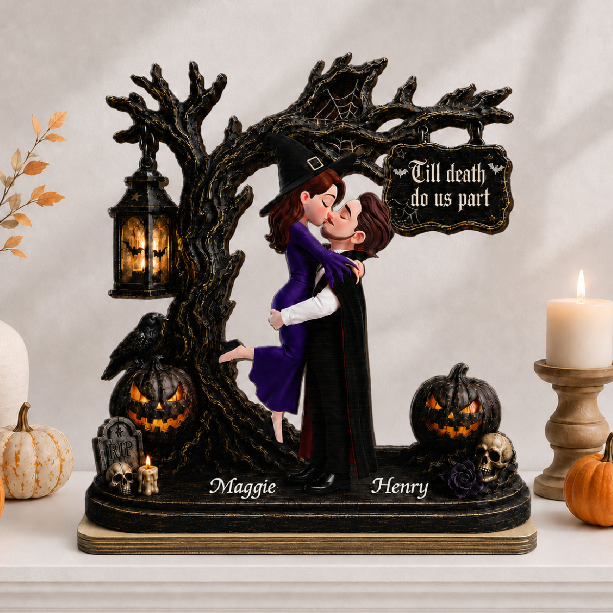 Couple Hugging Under Spooky Halloween Tree 2D Flat - Personalized 2-Layer Wooden Plaque - Tabletop Tier Tray Wicca Pagan Decor