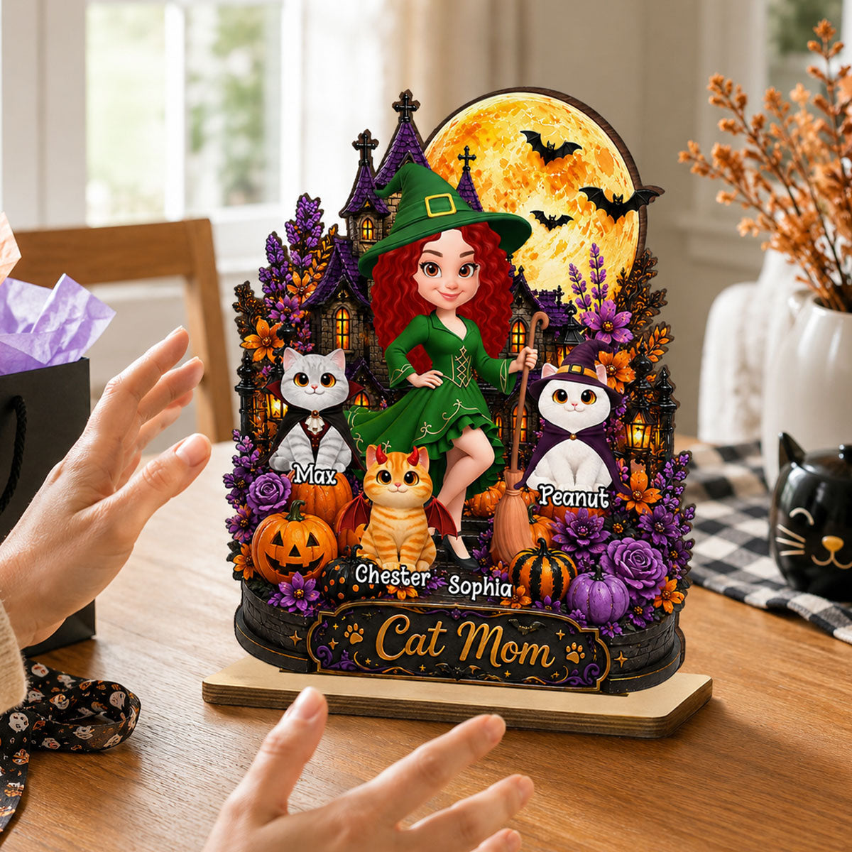 Cat Mom Witch Haunted House Moon - Personalized 2-Layered Wooden Plaque - Gift For Mom